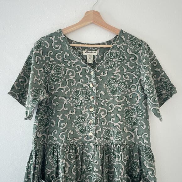 Vtg 90's Eddie Bauer Green Patterned Linen Short Sleeve Maxi Dress Sz Petite M/M - Picture 3 of 10